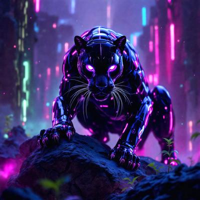 The primary subject of the image is a black panther, which is the main object, scene, or focus of the image. The setting/background features a purple and pink neon-lit environment, creating a unique and vibrant atmosphere. The visual style of the image is digital art, as it is a computer-generated or digitally created image. The dominant colors in the image are purple and pink, which contribute to the overall mood and aesthetic of the scene.